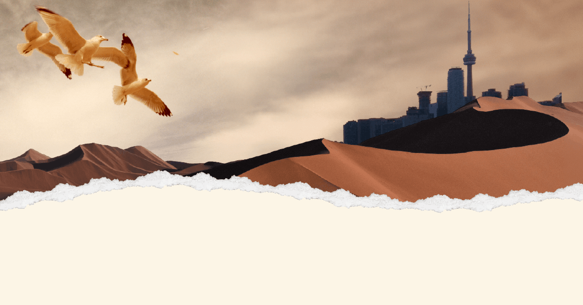 Sepia toned image of seagulls flying over the desert with the Toronto skyline in the baclground. Foreground is ripped paper affec to solid cream colour.